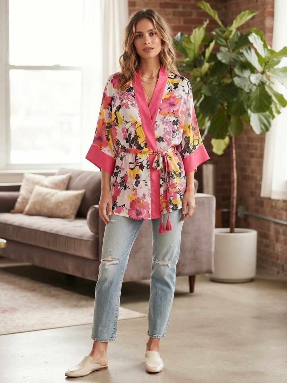 Josie Natori for Target M/L Floral Kimono Robe Top Pink Belted Tassel Loungewear